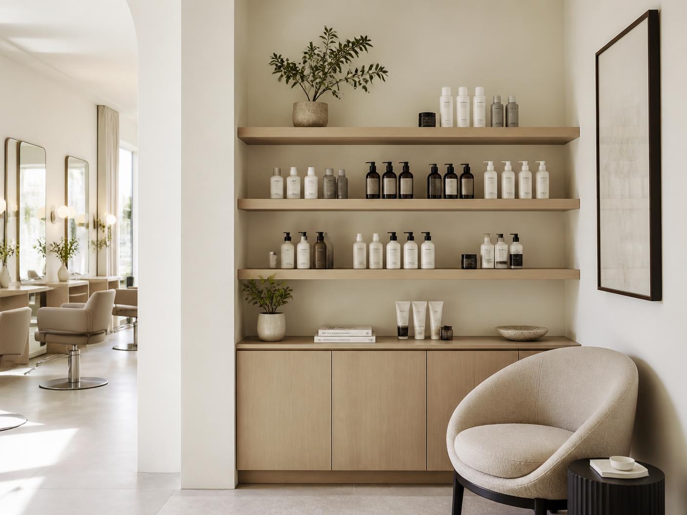 Calm, modern salon retail shelving in neutral tones
