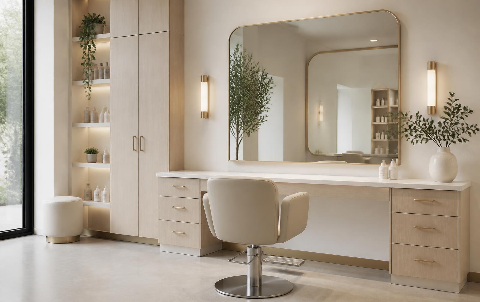 Modern salon styling station in cream and light wood